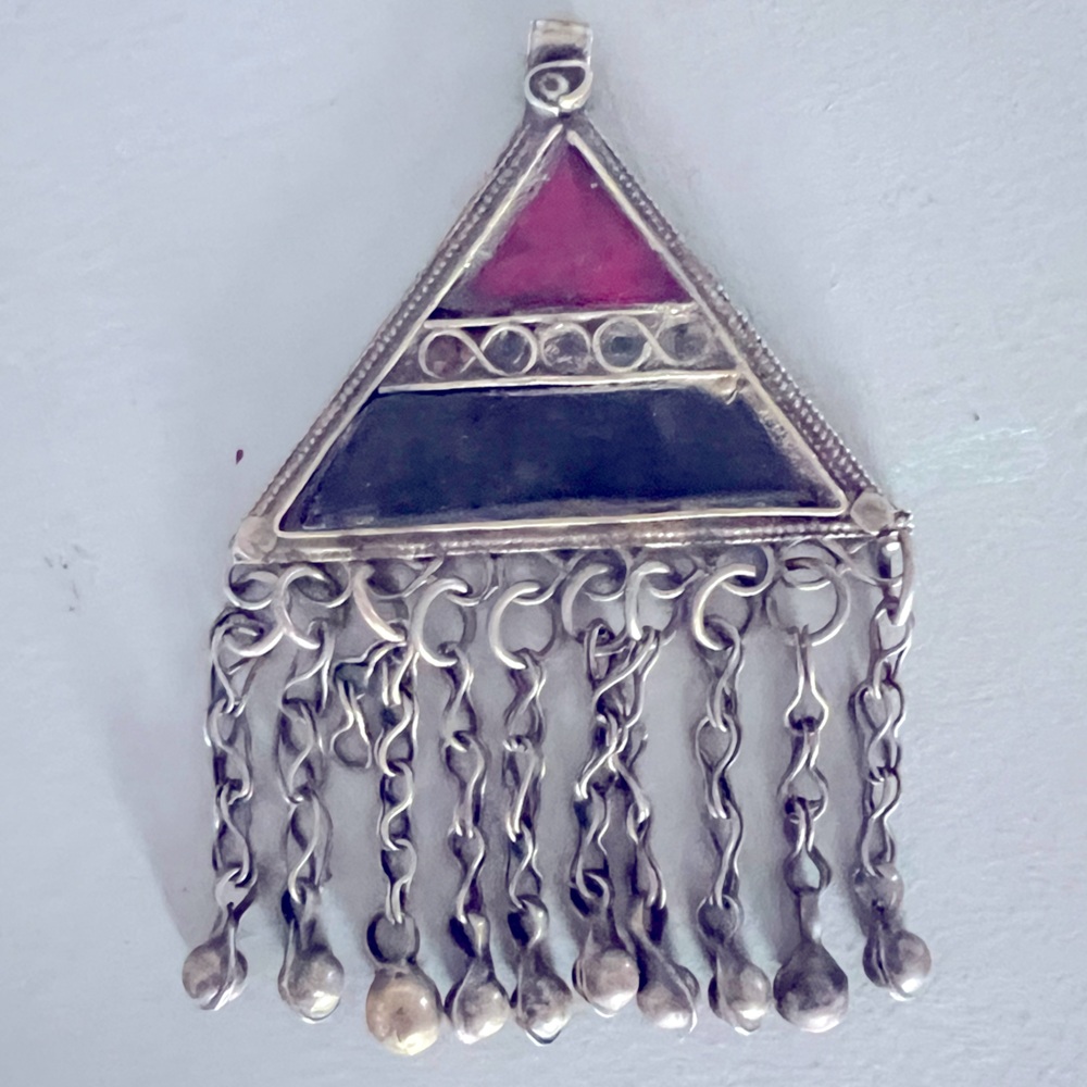 Vintage Tribal Afghan Kuchi Pendant Pink Glass Fringe